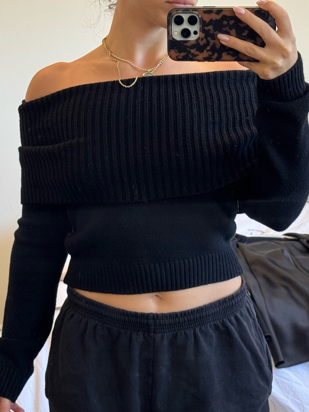Black Off-the-Shoulder Ribbed Crop Sweater